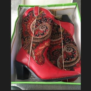 Red Embellished Leather Boots Never Worn